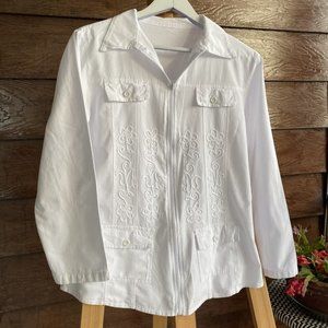 White Embroidered Organic Woven Cotton KEVAH Zippered Retro Jacket